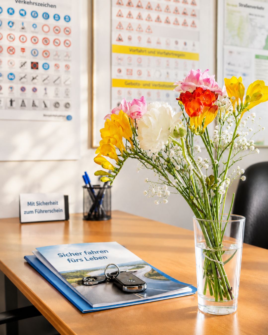 Blumenstrauß auf einem Tisch in einer Fahrschule mit Autoschlüssel, Unterlagen und Verkehrszeichen im Hintergrund